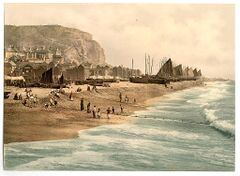 (East Cliff, with beach and fish market, Hastings, England) (LOC)